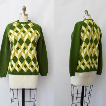 GRAPHIC APPEAL Vintage 60s Pullover Ski Sweater | 1960s Geometric Shapes Green Thick Knit Top | Handmade Hand Knit  | Size Small Medium 
