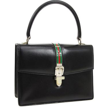 Authentic Vintage GUCCI Black Leather Enamel Stripe Red Green Buckle KELLY Bag Satchel Handbag Shoulder Purse 