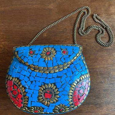 Vintage Brass Mosaic Metal Purse Boho Hand Bags Blue and Red Clutch Handmade 