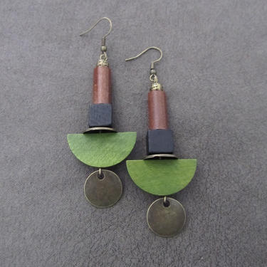 Green wooden earrings, Afrocentric earrings, African earrings, bold earrings, statement earrings, geometric earrings, rustic bronze earrings 