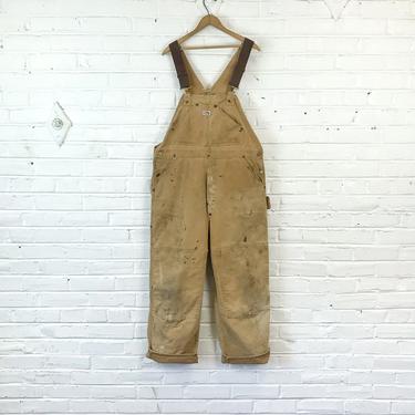 Size 38x28 Vintage 1960s Carhartt Headlight Finck Tan Cotton Duck Workwear Overalls Distressed with Repairs 