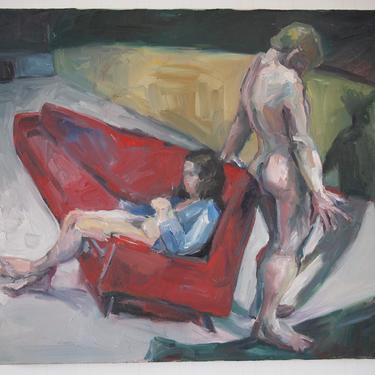 Original Vintage GERRIE CUFF Nude Couple Portrait PAINTING 20x24&quot; Oil / Canvas, Mid-Century Modern Art impressionist expressionist eames era 
