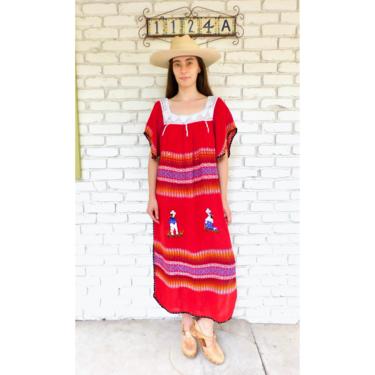 Village Dress // vintage 70s sun hand embroidered floral maxi 1970s boho hippie red hippy Mexican // O/S 