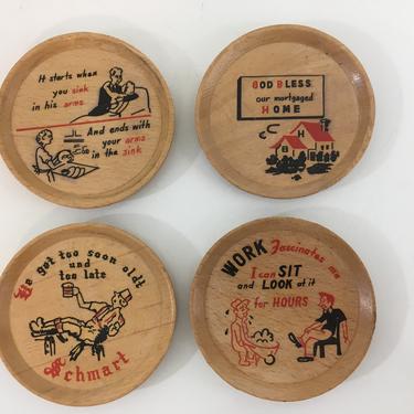 Vintage Coasters Set of Four (4) Wooden Round Coaster with Jokes Mantique  Boho Bohemian Housewarming Gift Dad Father's Day MCM 1960s 60s 