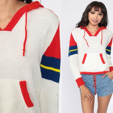 70s Hooded Sweater White Red Striped Knit Hoodie Vintage Hippie Boho Pullover Hood Hippie Jumper Kangaroo Pocket Small S 