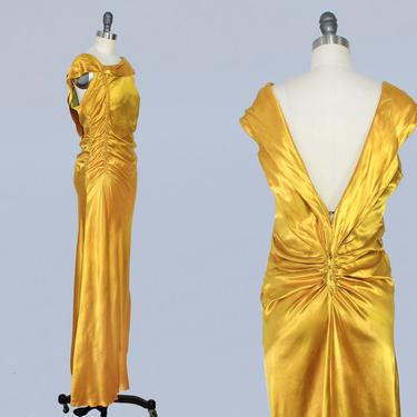 1930s Dress / 30s Liquid Gold Satin Gown 