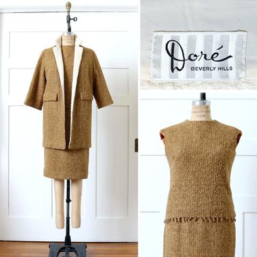 vintage Doré Bevlery Hills designer 1950s coat & skirt suit set • looped textured wool outfit in caramel and ivory 