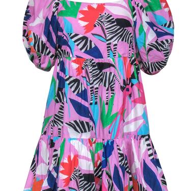 Oliphant - Pink Zebra & Tropical Bird Print Cotton Bubble Skirt Dress Sz S