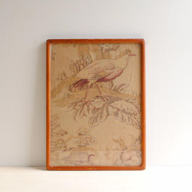 Framed Antique Bird Toile Fabric in a Wood Frame, Trees and Birds Framed Art in Neutral Colors 