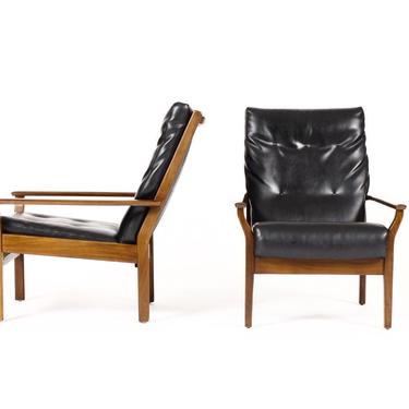 Danish Modern / Mid century Mahogany Highback Lounge Chairs by Cintique — Black vinyl Upholstery — Pair 