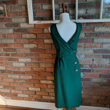 Vintage 1950's Green Goddess Bombshell Open Back Wiggle Dress Rhinestone Button up Back 