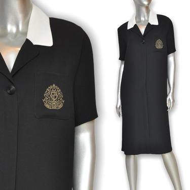 Vintage Women’s Little Black Dress with White Color and Gold Embroidered Crest 14 