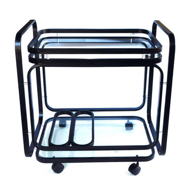 A Stylish American 1970's Black Metal Drinks/Bar Cart with Glass Shelves
