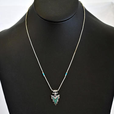 70's Southwestern 925 sterling crushed turquoise double sided arrowhead affixed pendant on liquid silver &amp; turquoise tubes tribal necklace 