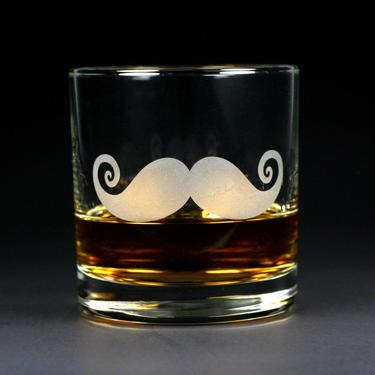 Mustache Lowball Glass - sandblasted glass for cocktails or scotch whiskey 