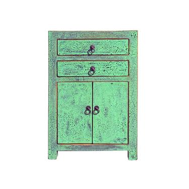 Oriental Distressed Green Lacquer Two Drawers End Table Nightstand cs6097E 