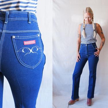 Vintage 80s Dark Wash Braxton Stretch Denim/ 1980s High Waisted Straight Leg Contrast Stitching Jeans/ Size 29 30 