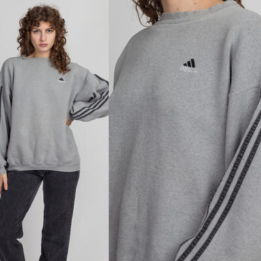 Vintage Striped Adidas Sweatshirt - Men's Large | 90s Y2K Streetwear Heather Gray Logo Pullover 