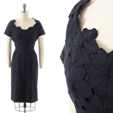 Vintage 1950s 1960s Dress | 50s 60s Black Floral Cotton Cutwork Embroidered Wiggle Sheath Day Dress (small) 