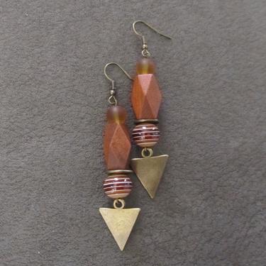 Geometric wooden earrings, bronze dangle earrings, Afrocentric jewelry, African earrings, orange earrings, mid century modern earrings 2 