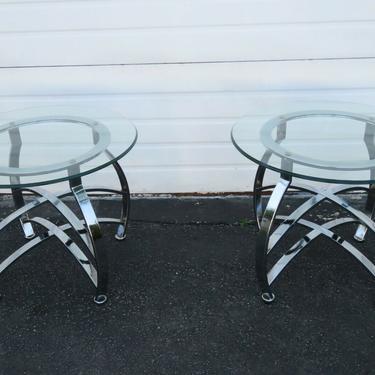 Hollywood Regency Mid Century Pair of Chrome Glass Top Side Tables 1893