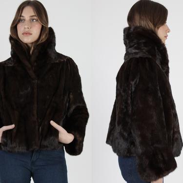 Cropped Dark Brown Mink Fur Jacket / Short Mink Waistcoat / Womens Large Fur Back Collar / Authentic Wide Sleeve Fur 