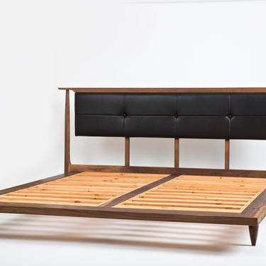 Upholstered Headboard and Wood Bedframe, Handmade Mid Century Modern Platform Bed, Customizable Furniture Home Décor 