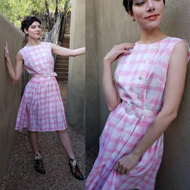 1950s Pink White Plaid Summer Dress  /50s Sleeveless Dress Double Breasted Button Closure Belt / Sue Brett Junior 
