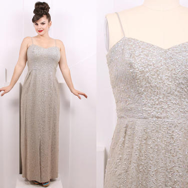 Vintage 1950's Iridescent Gray Sequins Evening Gown • 50's Silver Sequin Floor Length Dress • Size L 