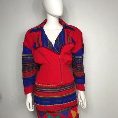 Vtg 80s 2 piece red Cache cropped jacket and mini skirt body con southwestern SM 