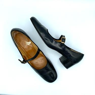 Vintage 1960 Black Leather Mary Janes, Mod Chunky Heel Shoes, Size 12 US 