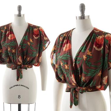 Vintage 1980s Wrap Top | 80s CAROLE LITTLE Silk Tropical Floral Print Cropped Blouse Boho Earth Tone Crop Top (x-small/small) 