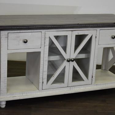 Rustic Farmhouse Style Solid Wood Barn Door Sofa Table / Media Console in Distressed White Finish 