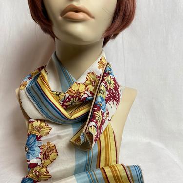 60’s beautiful all silk ~ extra long scarf sky blue & yellow stripes floral pattern vintage silky necktie hair wrap~ women’s scarves 