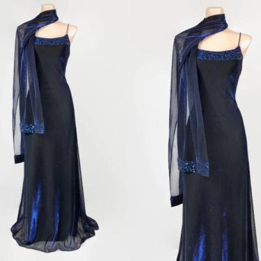 VINTAGE 90s Blue Iridescent Metallic Mesh Cocktail Prom Dress & Scarf | 1990s Sequined Formal Gown | 90's Party Slip Dress | Blondie Nites 