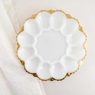 Vintage Divided Deviled Egg Plate, Anchor Hocking Fire King, White Milk Glass and Gold Rimmed Tray, Mid Century Serving Dish 