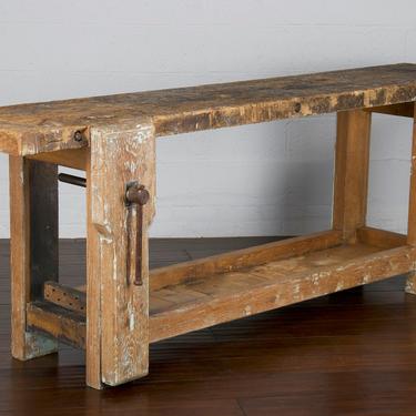 19th Century Country French Farmhouse Oak Workbench W/ Vise and Lower Shelf 