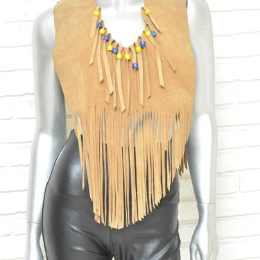 Vintage Tan Suede Fringe Top Bohemian Hippie Style Festival Blouse Women's Shawl Over the Shoulder Cover Up Tribal Native Style S/M 1970's 