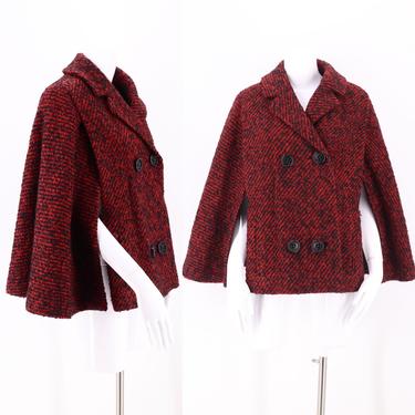 50s red tweed wool cape /vintage 1950s Red Tweed Mid Century Trapeze Cape One Size 