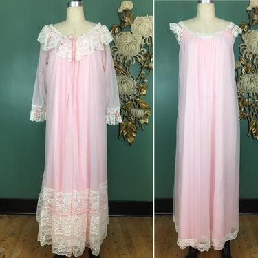 1960s peignoir set, nylon chiffon, baby pink, vintage lingerie, robe and nightgown, small medium, mrs maisel style, tent style, pin up, 34 