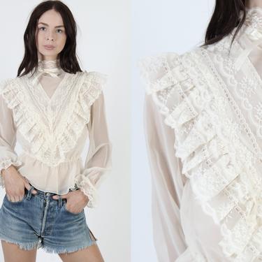 Ivory Lace Victorian Style Blouse / Vintage 70s See Through Antique Top / High Neck Floral Pattern Chiffon 