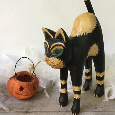 Vintage Wooden Cat Sculpture From Indonesia, Black Cat With Arched Back, Stretching Cat, Threatened Cat, Carved Wood Statue 