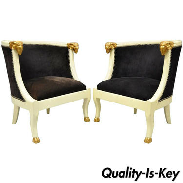Pair of Ram's Head Regency Neoclassical Style Barrel Back Chairs with Hoof Feet