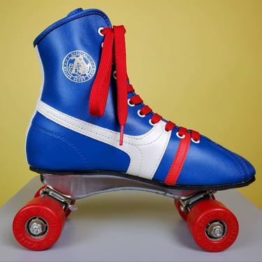 1970s outdoor shoe skates. Fireball. Red white blue. Like new with box. All manmade materials. Vinyl. Roller derby. (W 6) 