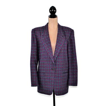 80s Oversized Blazer, Women Large Size 12, Houndstooth Plaid Wool Blend, Maroon Purple &amp; Blue, 1980s Vintage Clothing from Norton McNaughton 