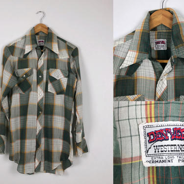 1970s Vintage Green Plaid Western Pearl Snap Shirt by Denver Westerns - Size S by HighEnergyVintage