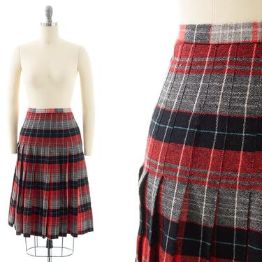 Vintage 1940s 1950s Skirt | 40s 50s Plaid Tartan Wool Pleated Red Black Grey High Waisted Fall Winter Skirt (small) 