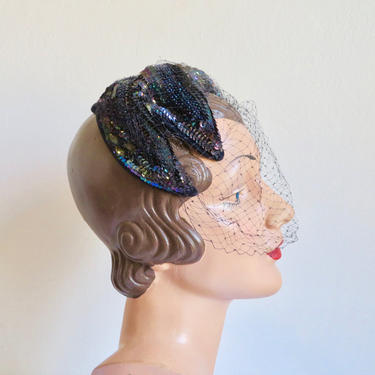 Vintage 1950&#39;s Navy Blue Beaded Sequin Fascinator Mini Hat Veil Evening Cocktail Party 50&#39;s Millinery Bettine 