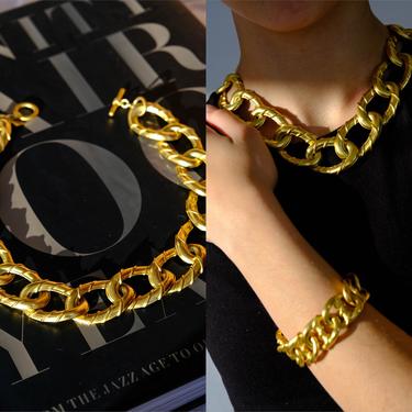 Vintage 80s Anne Klein Signed Gold Chunky Chainlink Choker Necklace | Statement Piece, Donna Karan | 1980s Designer Layering Boho Jewelry 