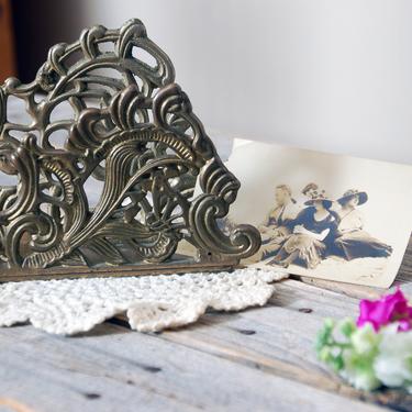 Art nouveau brass napkin holder / vintage letter holder / stationary holder / cottage home decor / vintage butterfly &  flower napkin holder 
